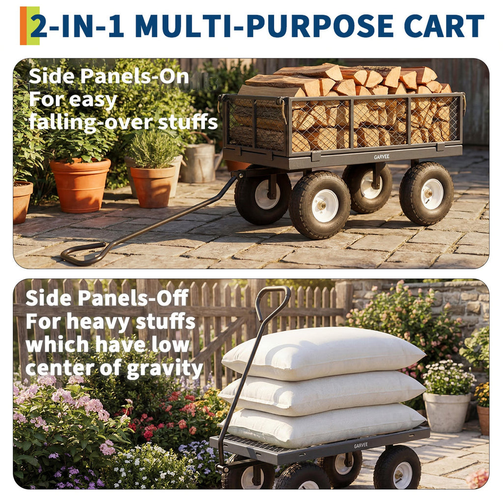 Garvee 400 lb Garden Cart Wagon, Heavy Duty Utility Yard Cart with 10" Pneumatic Tires, Removable Mesh Sides, Easy Maneuver, Gray