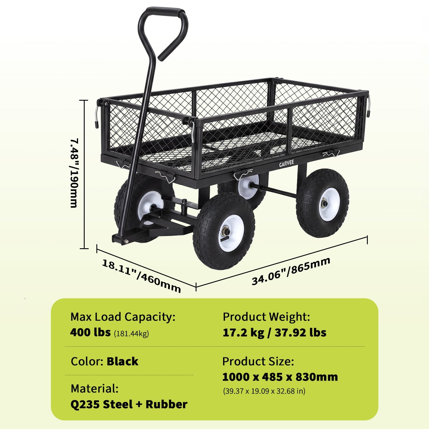 Garvee 400 lb Garden Cart Wagon, Heavy Duty Utility Cart with 10" Pneumatic Tires, Steel Frame, Removable Mesh Sides,Black