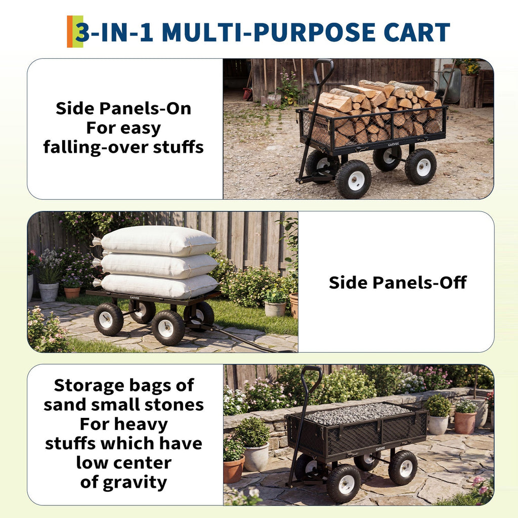 Garvee 400 lb Garden Cart Wagon, Heavy Duty Utility Cart with 10" Pneumatic Tires, Steel Frame, Removable Mesh Sides,Black