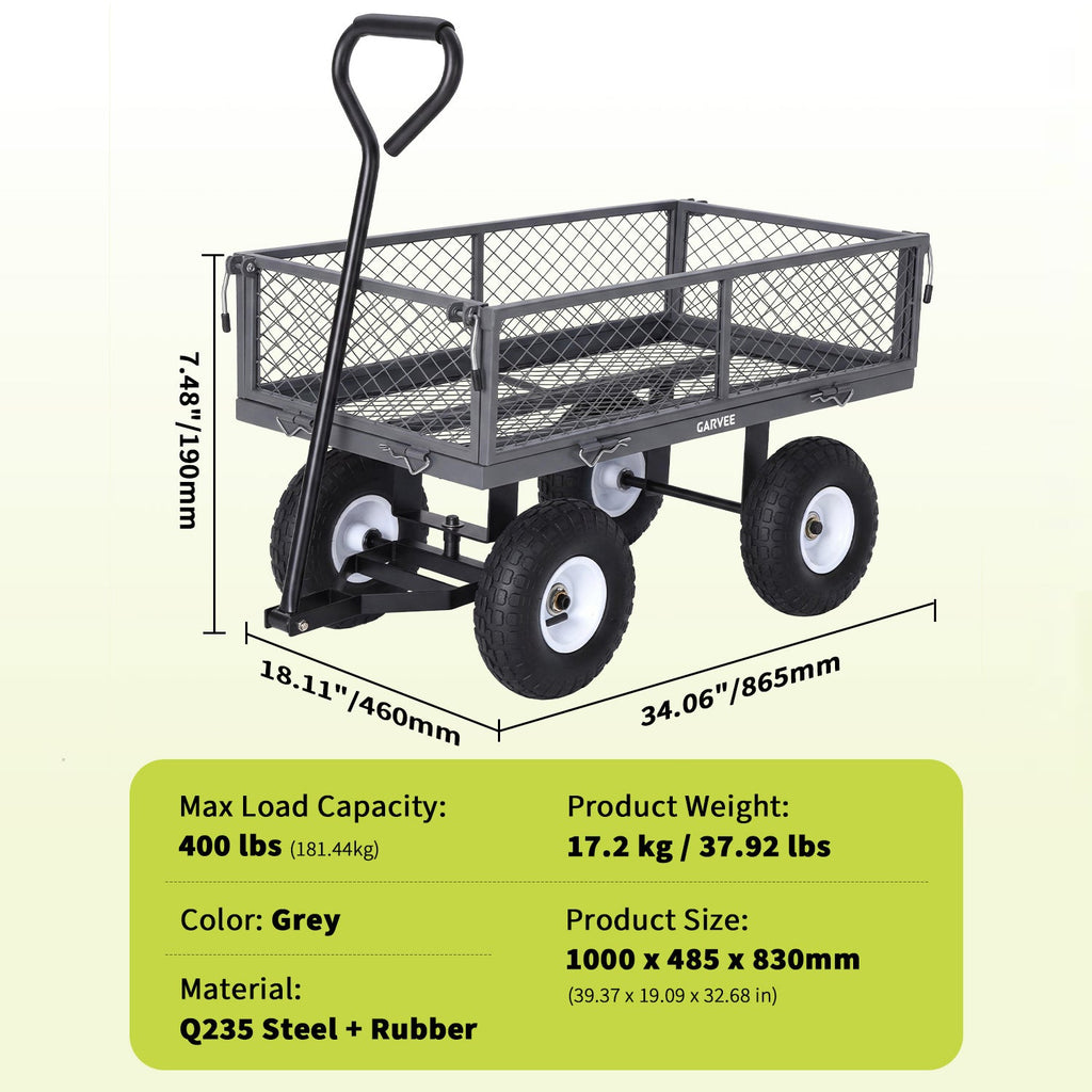 Garvee 400 lb Garden Cart Wagon, Heavy Duty Utility Cart with 10" Pneumatic Tires, Steel Frame, Removable Mesh Sides, Gray
