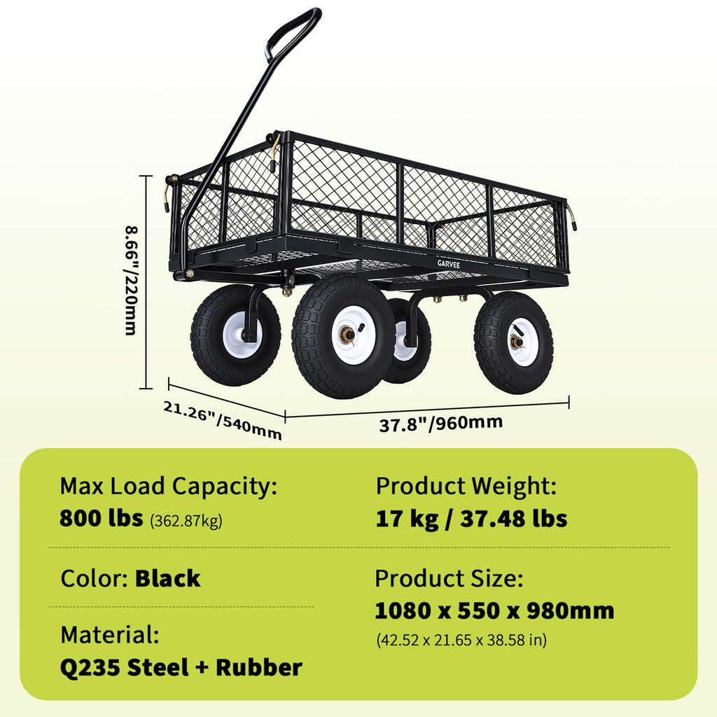 Garvee Versatile Outdoor Utility Cart - 800LBS Heavy-Duty, 10" All-Terrain Pneumatic Tires, Easy Maneuverable Lawn Cart with Removable Mesh Panels for Gardening & Landscaping, Black