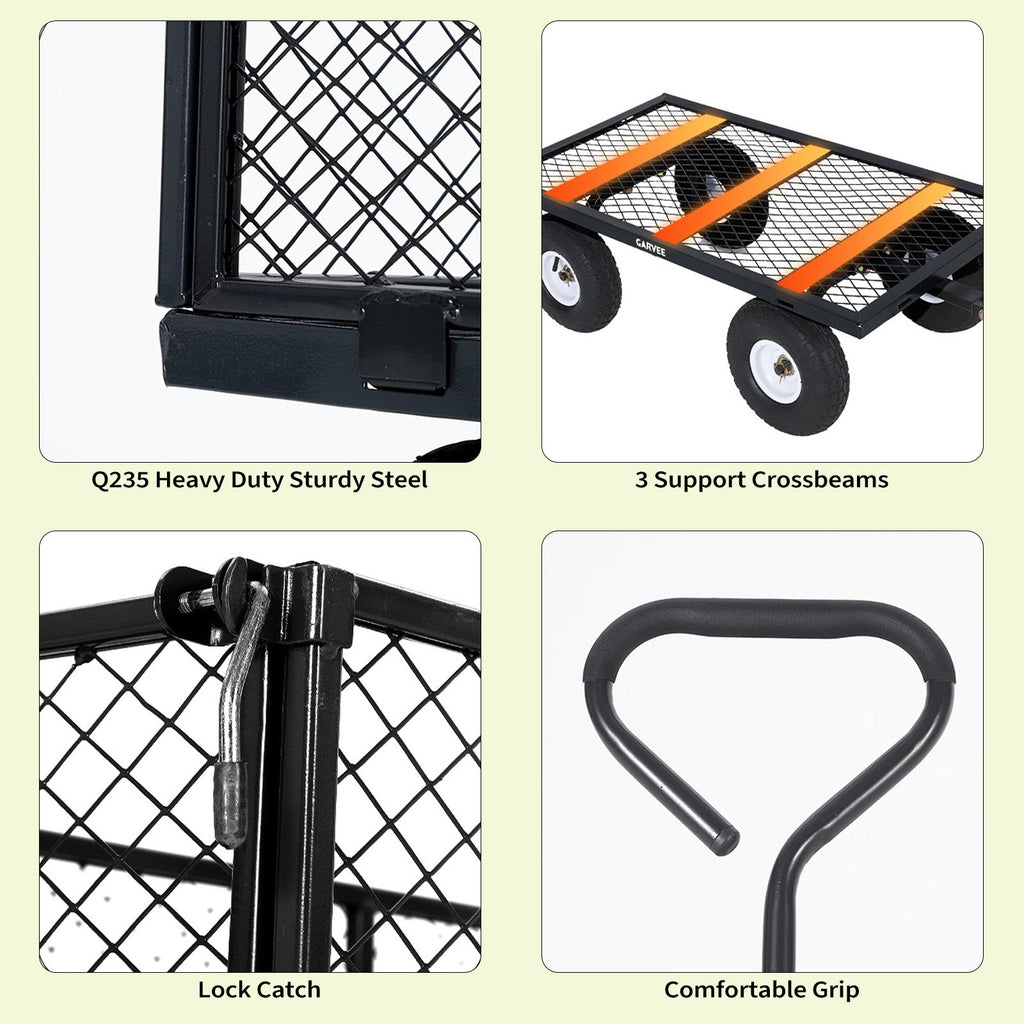 Garvee Versatile Outdoor Utility Cart - 800LBS Heavy-Duty, 10" All-Terrain Pneumatic Tires, Easy Maneuverable Lawn Cart with Removable Mesh Panels for Gardening & Landscaping, Black