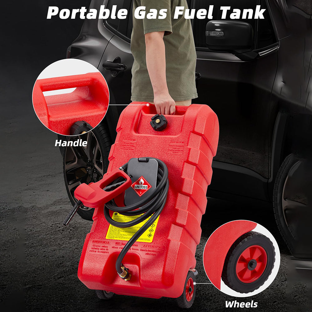 Garvee 2-Pack 15 Gallon Portable Fuel Caddy with Manual Pump - Heavy-Duty Fuel Transfer Tank with Storage Toolbox, 10FT Delivery Hose, Mobile Gas Caddy for Cars, Lawn Mowers, and Boats, Yellow + Red