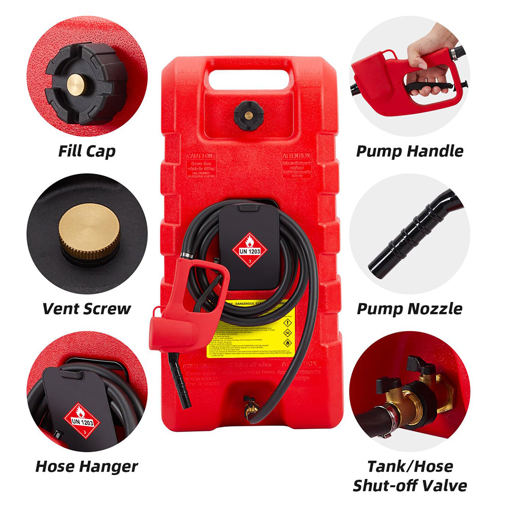 Garvee 2-Pack 15 Gallon Portable Fuel Caddy with Manual Pump - Heavy-Duty Fuel Transfer Tank with Storage Toolbox, 10FT Delivery Hose, Mobile Gas Caddy for Cars, Lawn Mowers, and Boats, Yellow + Red