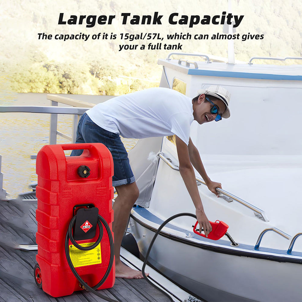 Garvee 2-Pack 15 Gallon Portable Fuel Caddy with Manual Pump - Heavy-Duty Fuel Transfer Tank with Storage Toolbox, 10FT Delivery Hose, Mobile Gas Caddy for Cars, Lawn Mowers, and Boats, Yellow + Red