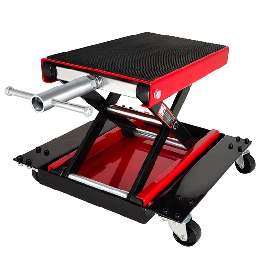 Garvee 1100 LBS Motorcycle Dirt Bike Scooter Crank Stand With Casters, Wide Deck Motorcycle Center Scissor Lift Jack Repair Hoist Stand Bikes ATVs
