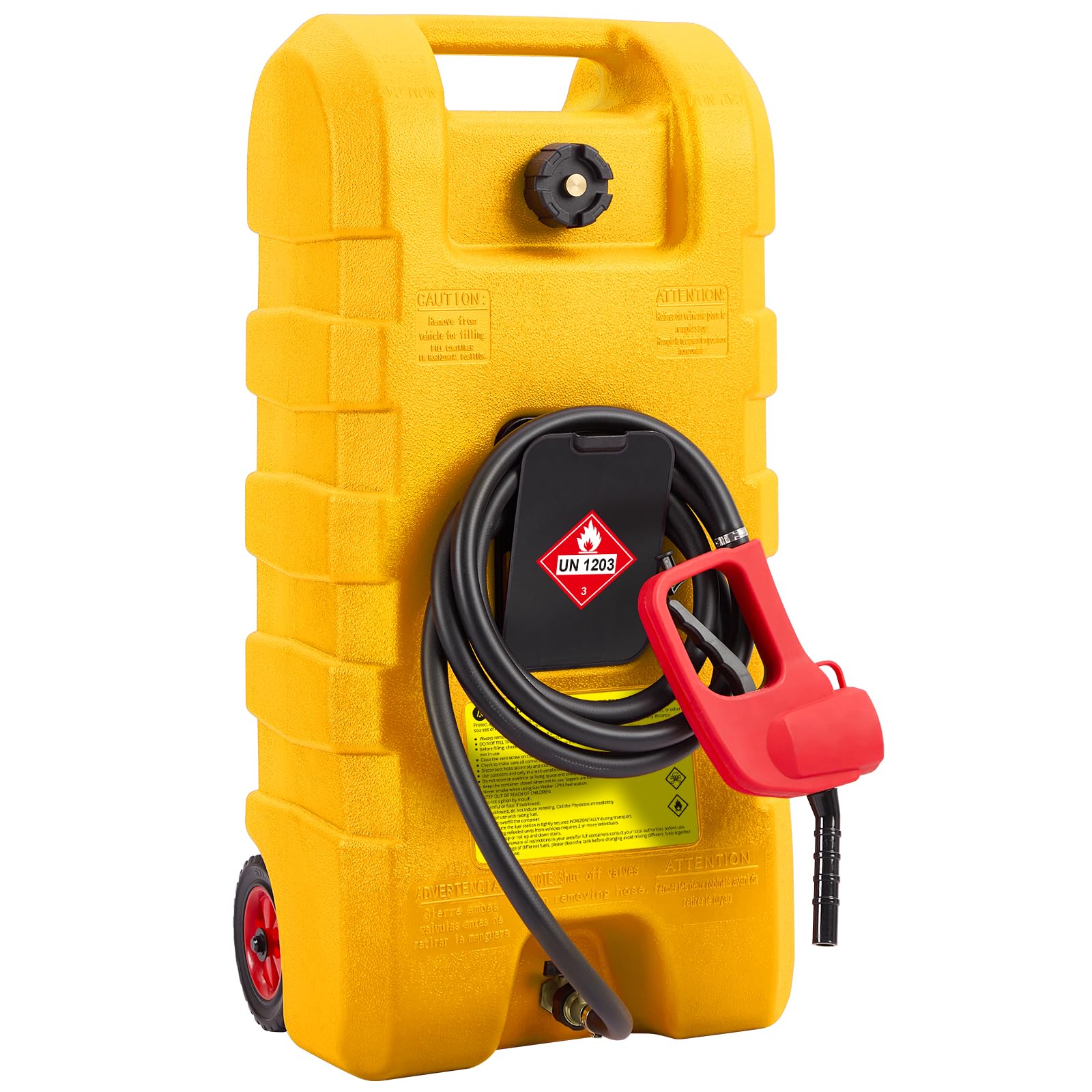 Garvee 2-Pack 15 Gallon Portable Fuel Caddy with Manual Pump - Heavy-Duty Fuel Transfer Tank with Storage Toolbox, 10FT Delivery Hose, Mobile Gas Caddy for Cars, Lawn Mowers, and Boats, Yellow + Red