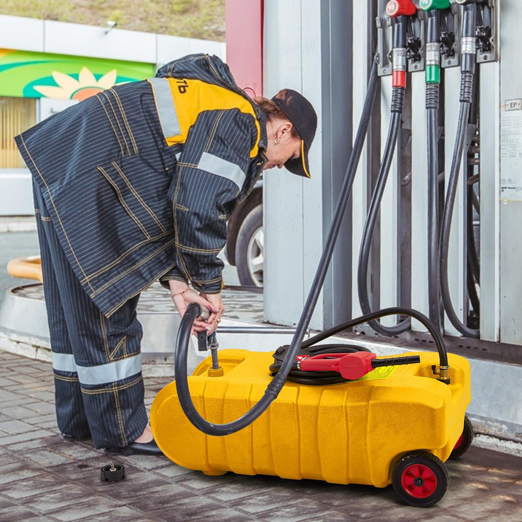 Garvee 2-Pack 15 Gallon Portable Fuel Caddy with Manual Pump - Heavy-Duty Fuel Transfer Tank with Storage Toolbox, 10FT Delivery Hose, Mobile Gas Caddy for Cars, Lawn Mowers, and Boats, Yellow + Red
