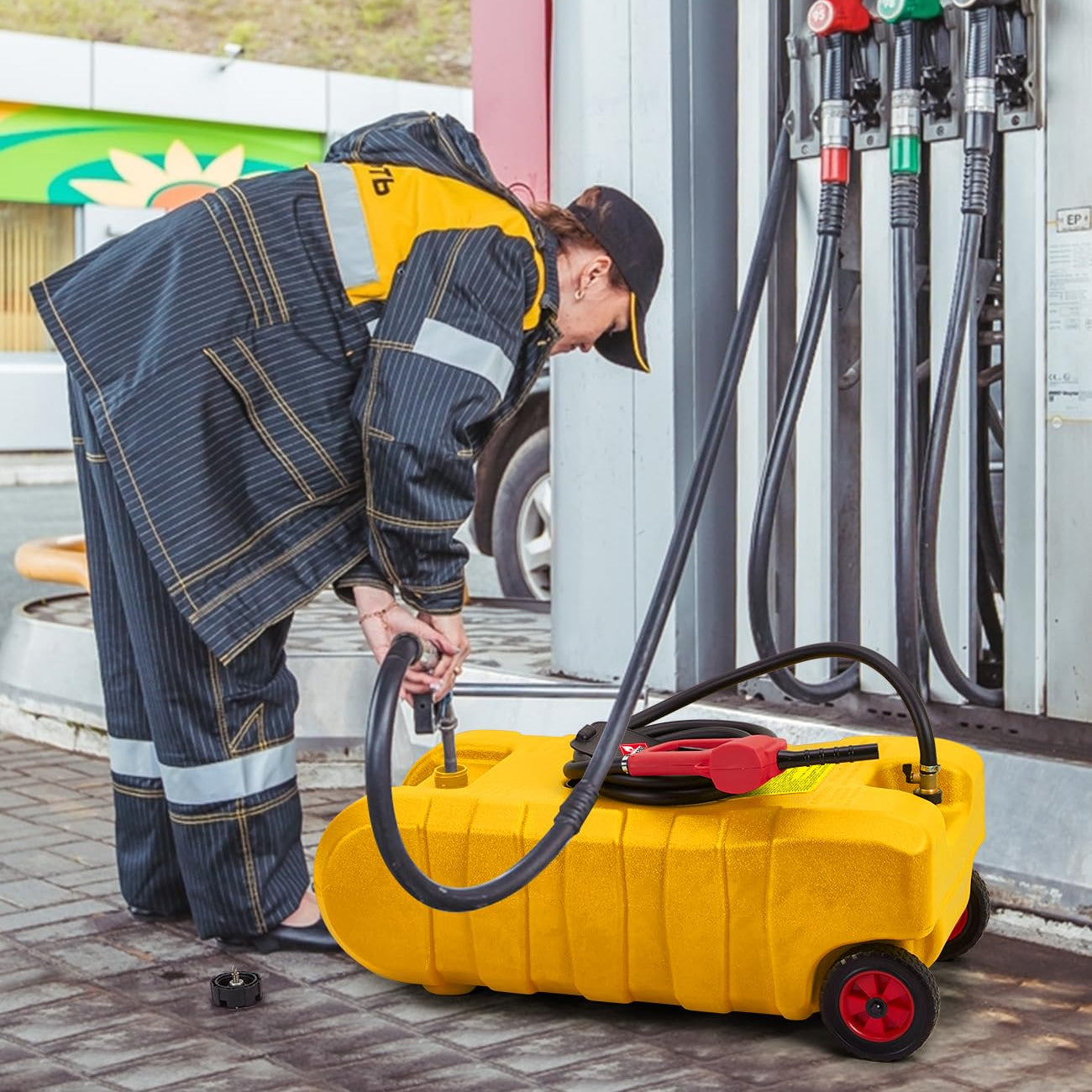 Garvee 2-Pack 15 Gallon Portable Fuel Caddy with Manual Pump - Heavy-Duty Fuel Transfer Tank with Storage Toolbox, 10FT Delivery Hose, Mobile Gas Caddy for Cars, Lawn Mowers, and Boats, Yellow + Red