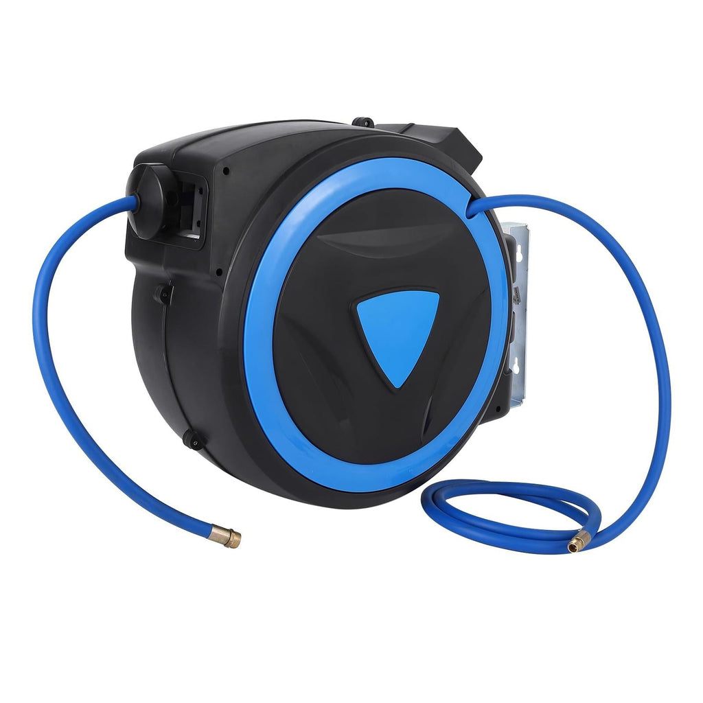 Garvee 3/8” 65FT Retractable Air Hose Reel – Auto-Lock, 180° Swivel Bracket & Tangle-Free Retraction for Garage/Workshop, Blue