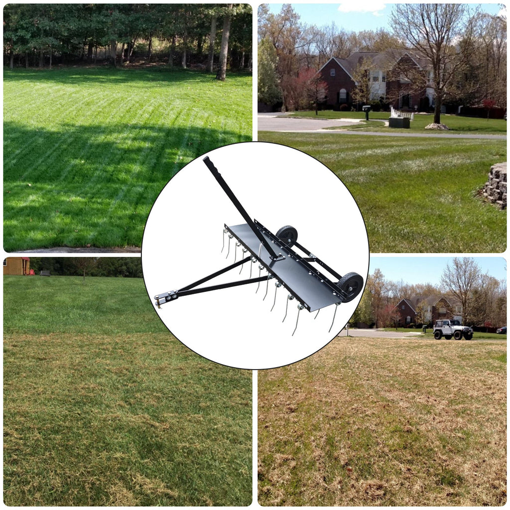 Garvee 48 Inch Pull Behind Dethatcher with 20 Spring Steel Tines, Heavy-Duty Durable Frame, Adjustable Height, Q235 Material, Lawn Tractor Rake for Yard Care