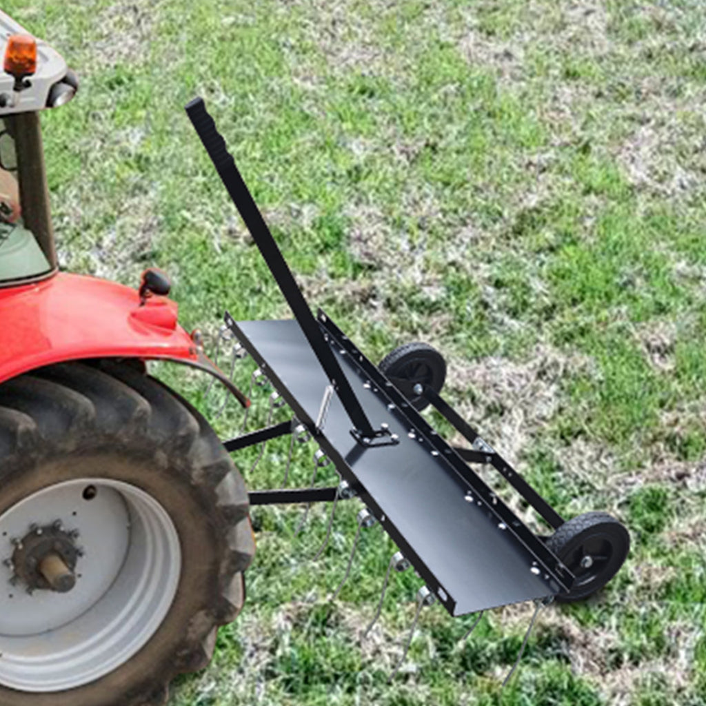 Garvee 48 Inch Pull Behind Dethatcher with 20 Spring Steel Tines, Heavy-Duty Durable Frame, Adjustable Height, Q235 Material, Lawn Tractor Rake for Yard Care