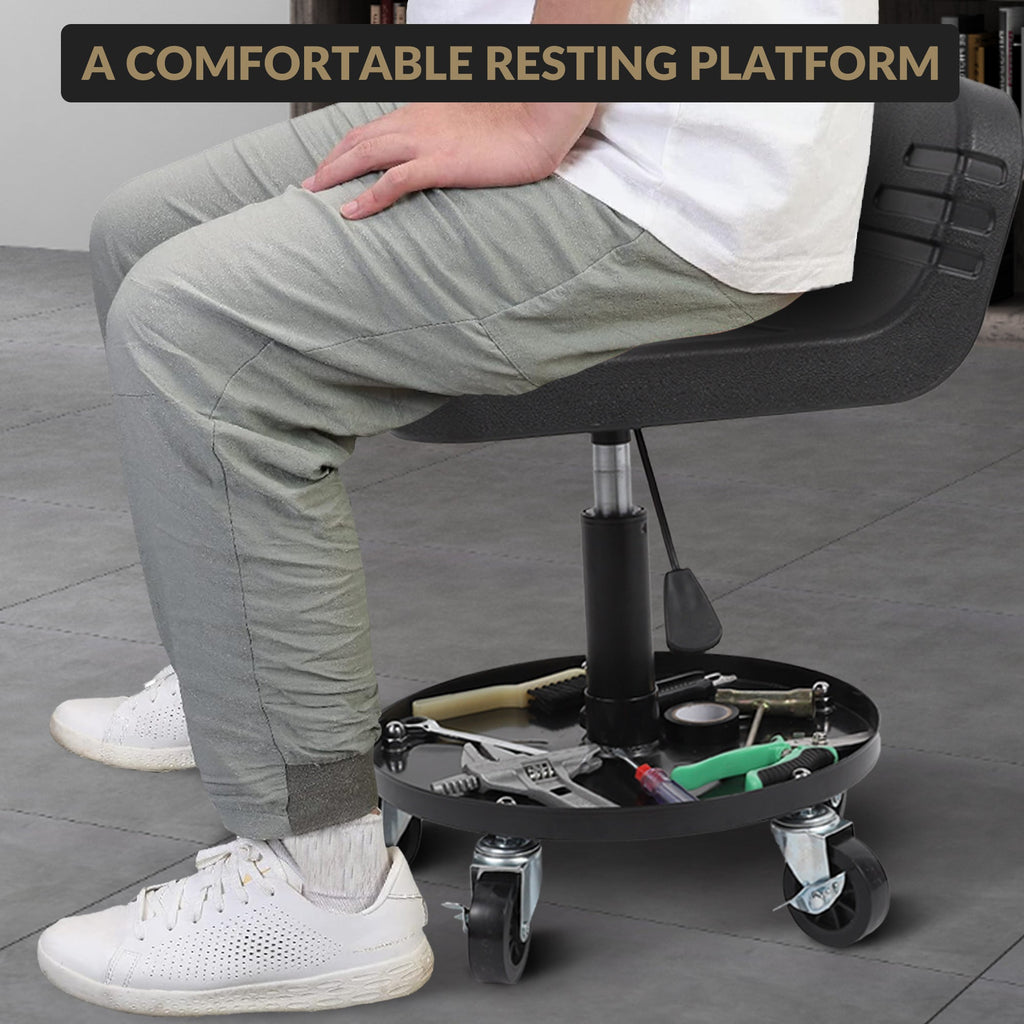 Garvee 300-Pound Capacity Telescoping Tractor Seat With Parts Tray Adjustable Height Steel Tool Tray Premium Comfort