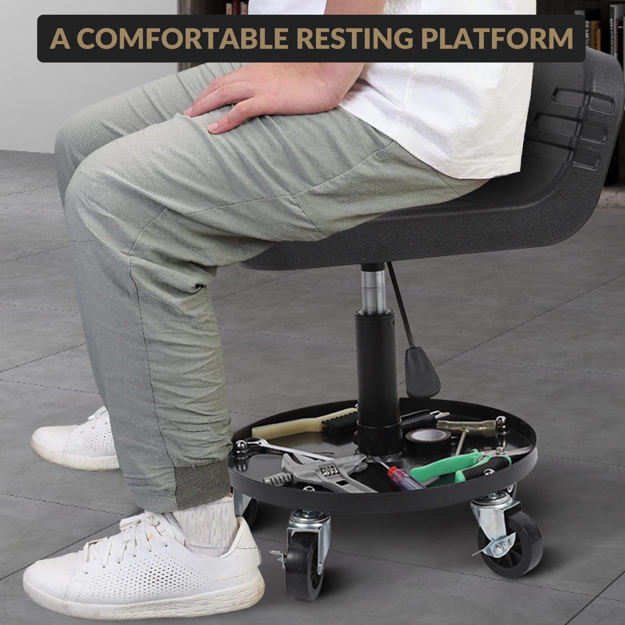 Garvee 300-Pound Capacity Telescoping Tractor Seat With Parts Tray Adjustable Height Steel Tool Tray Premium Comfort