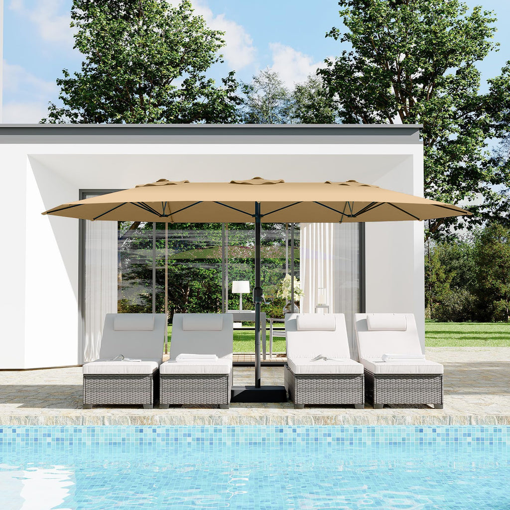 Garvee 15 x 9 ft Double-Sided Patio Umbrella with Base, UPF50+ Rectangular Outdoor Market Umbrella with Crank Lift, Beige