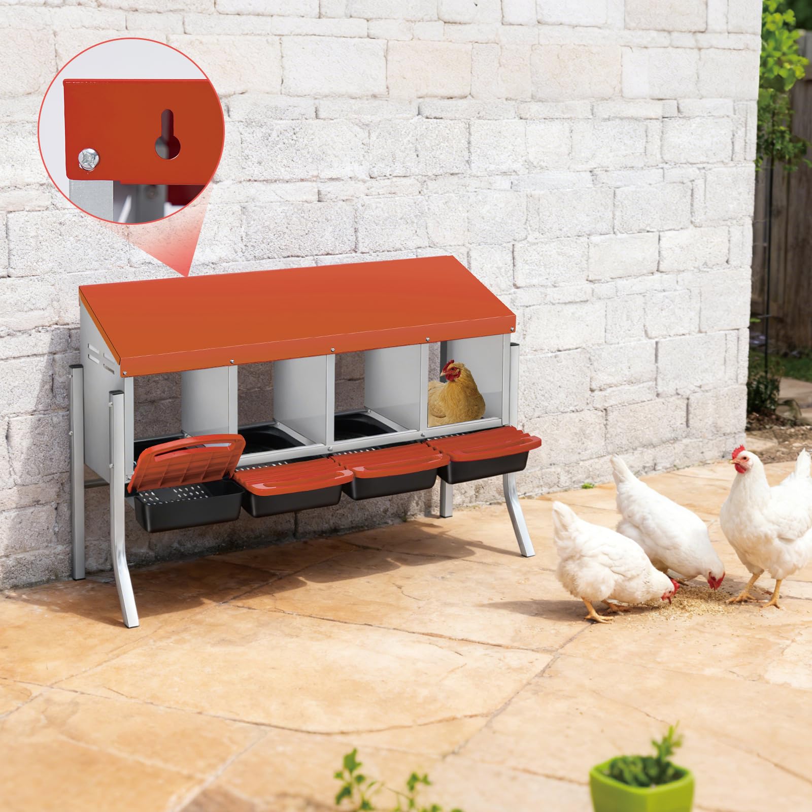 Garvee Heavy-Duty Metal Chicken Nesting Box for Easy Egg Collection - 4 Compartments with Removable Trays - Wall Mountable with Bracket Legs - Durable Poultry Coop Accessory, Orange Color, Four Grids + Bracket