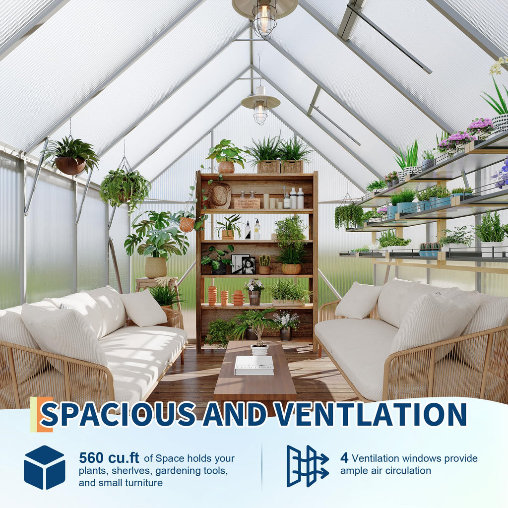 Garvee 8' × 10' Polycarbonate Greenhouse, Walk-In Aluminum Greenhouse with Lockable Door, Roof Vent, Rain Gutters & Reinforced Frame, Silver