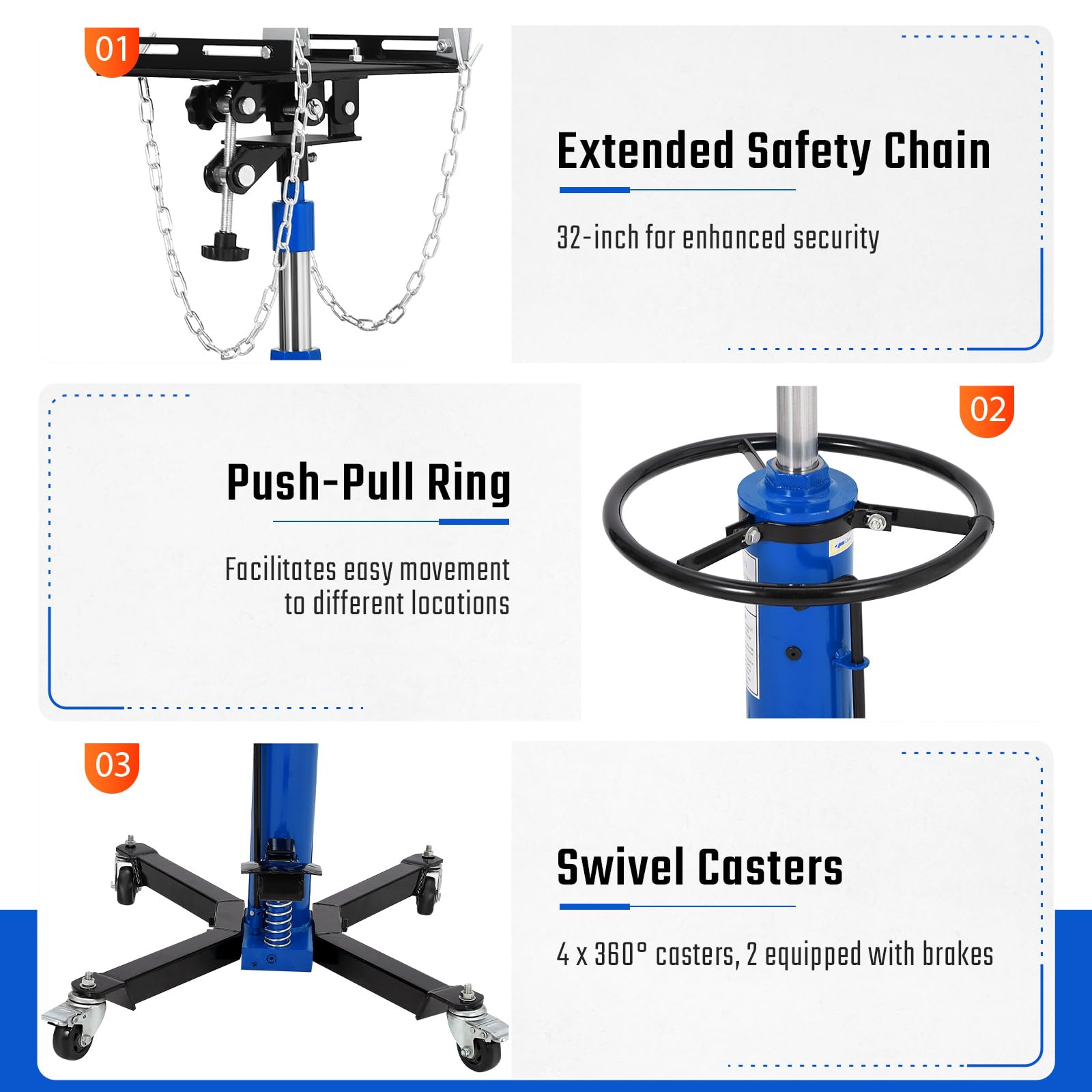 Garvee Transmission Jack 1322 lbs Capacity 2-Stage Hydraulic Steel 360° Swivel Wheels Foot Pedal Adjustable 34-68" Garage Use