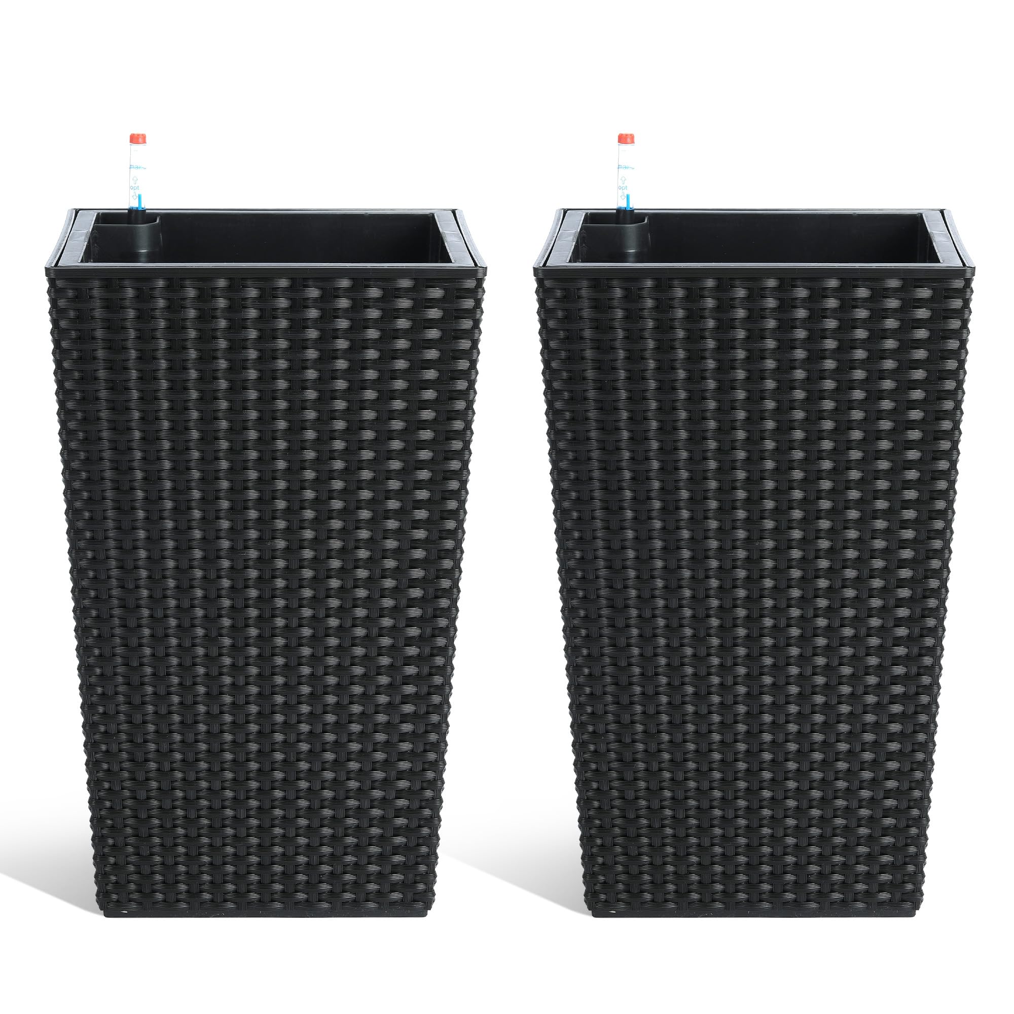 Garvee 16 Inch Tall Rattan Planter Set with Water Level Monitor & Wheels, Durable Plastic, Self-Watering & Drainage, Indoor & Outdoor Use