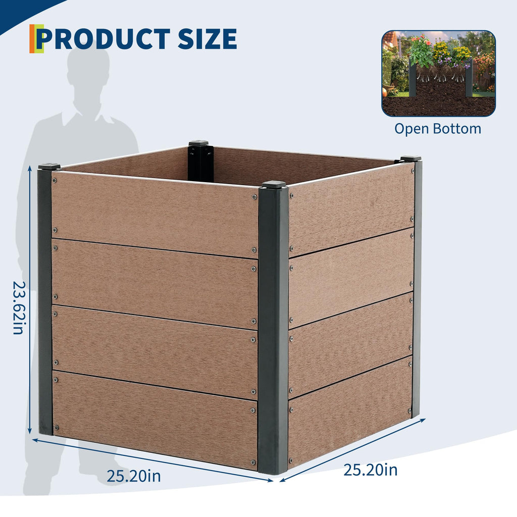 Garvee 25" × 25" × 23" Wood-Look Composite Raised Garden Bed, Open-Bottom Planter Box for Vegetables & Herbs, Brown