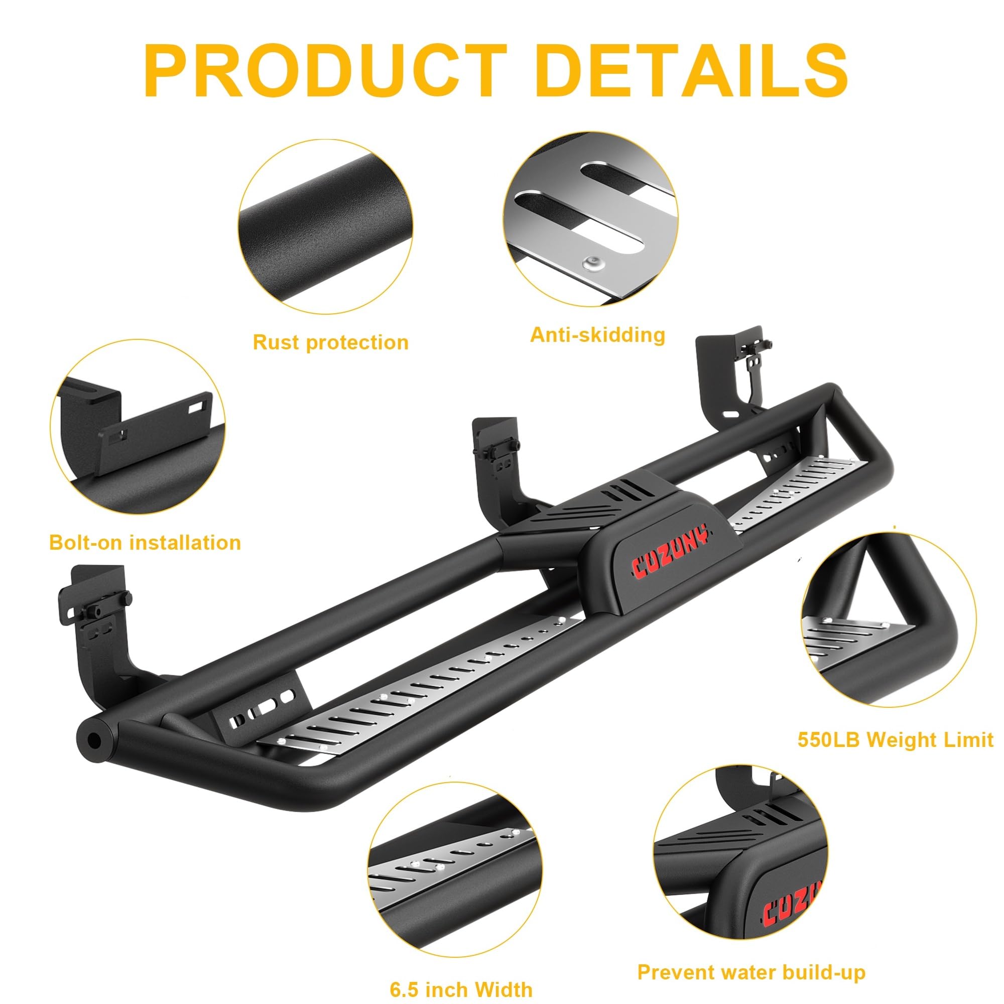 Garvee  6" Running Boards 550LB Side Steps, Non-Slip Black Powder Coated Rock Sliders, Fits 2009-2018 Dodge Ram 1500 Crew Cab, 2019-2024 Ram 1500 Classic, 2010-2024 Ram 2500/3500 Crew Cab