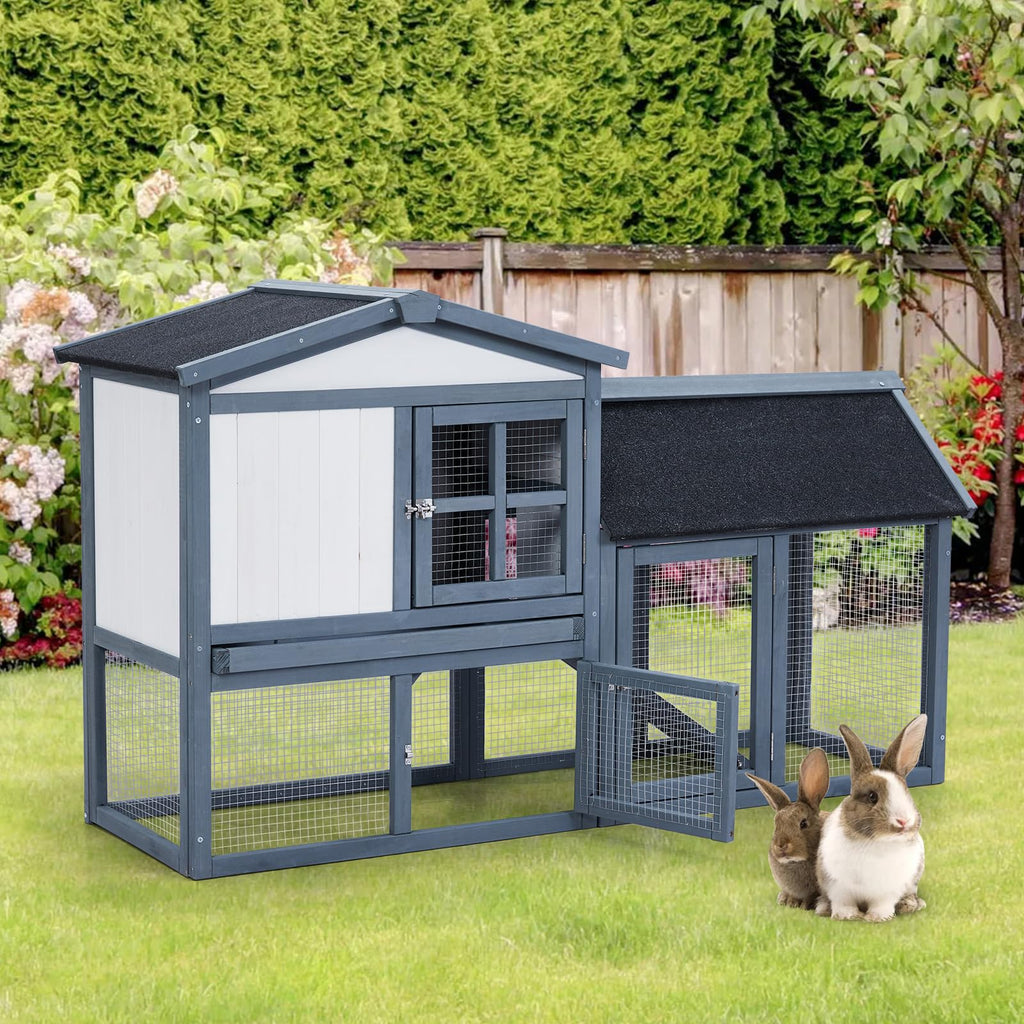 Garvee 54'' Rabbit Hutch Indoor Outdoor Rabbit Cage, Two Floors Wooden Rabbit Cage Indoor, Wooden Chicken Coop Guinea Pigs Pet House Cage with Run, Pull Out Tray, Asphalt Roof for Small Animals