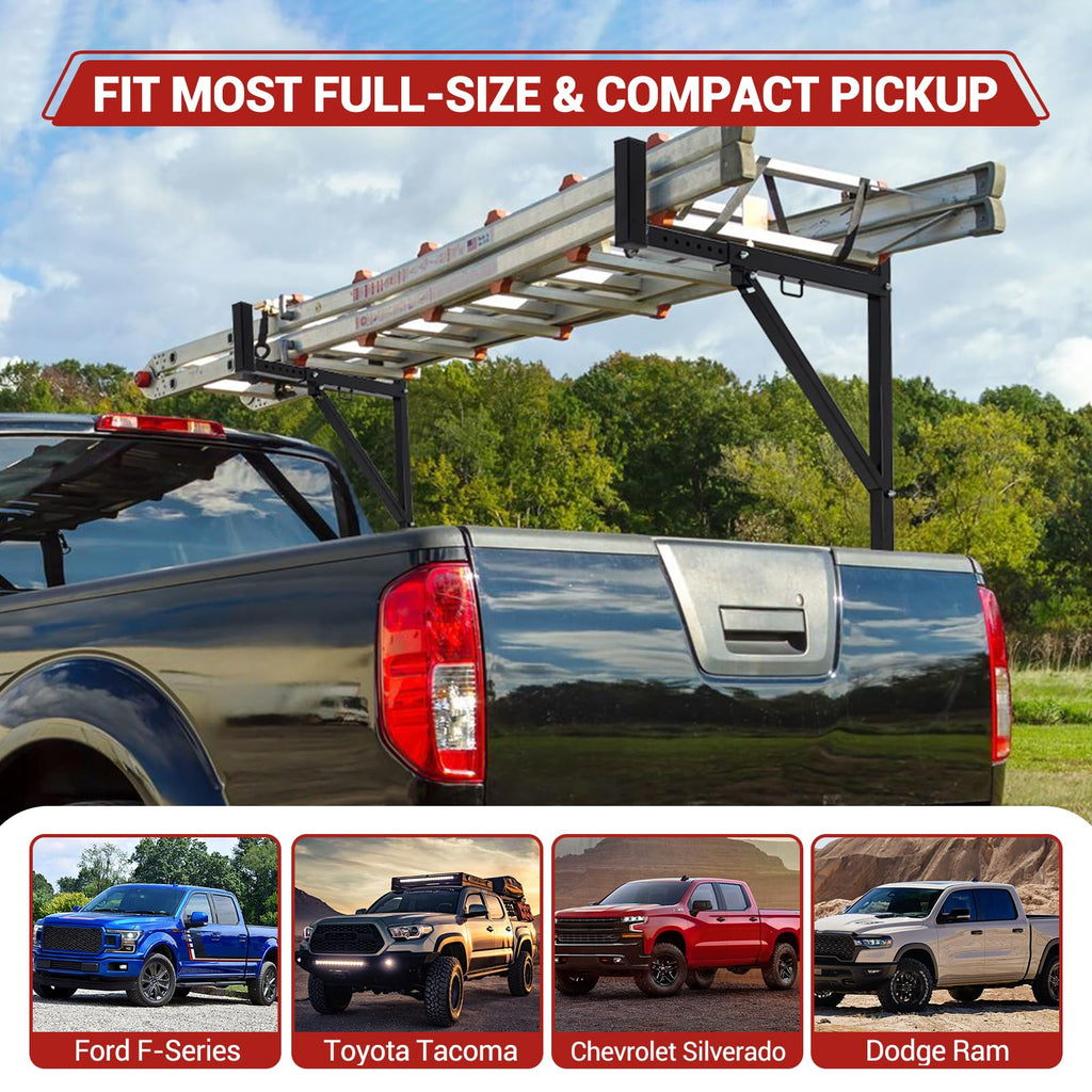 Garvee Adjustable Steel Truck Ladder Rack - 19-34in Width, 250lb Capacity, Non-Drilling Mount, Powder Coated, J-Bolt Clamps, Pickup Truck Bed