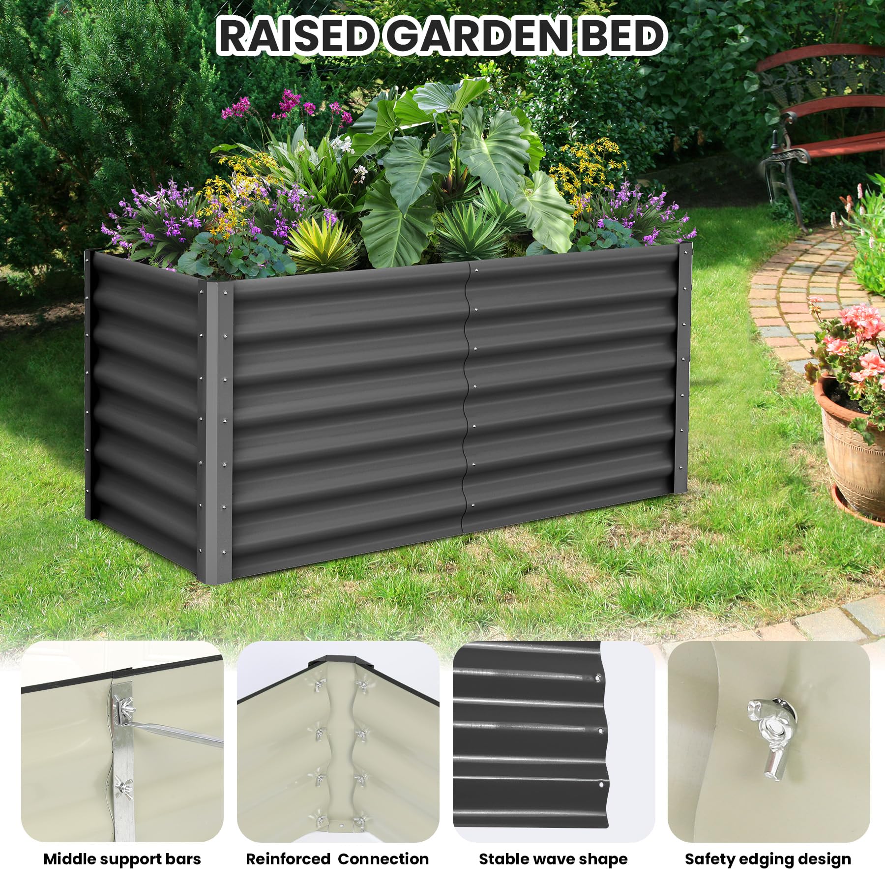 Garvee Raised Garden Bed Set of 2 6x3x2FT Galvanized Metal Durable Stability Open Base Safety Edge Dark Gray for Patios Yards Gardens