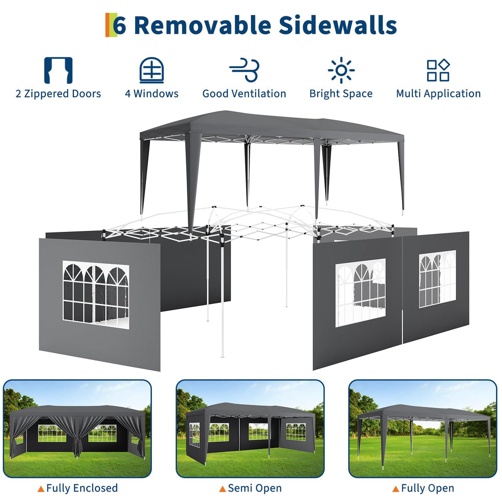 Garvee 10x20 Heavy Duty Pop Up Canopy Tent with 6 Removable Sidewalls, Adjustable 3 Heights, 210D Oxford Cloth, Waterproof, Stakes & Ropes, Outdoor Events