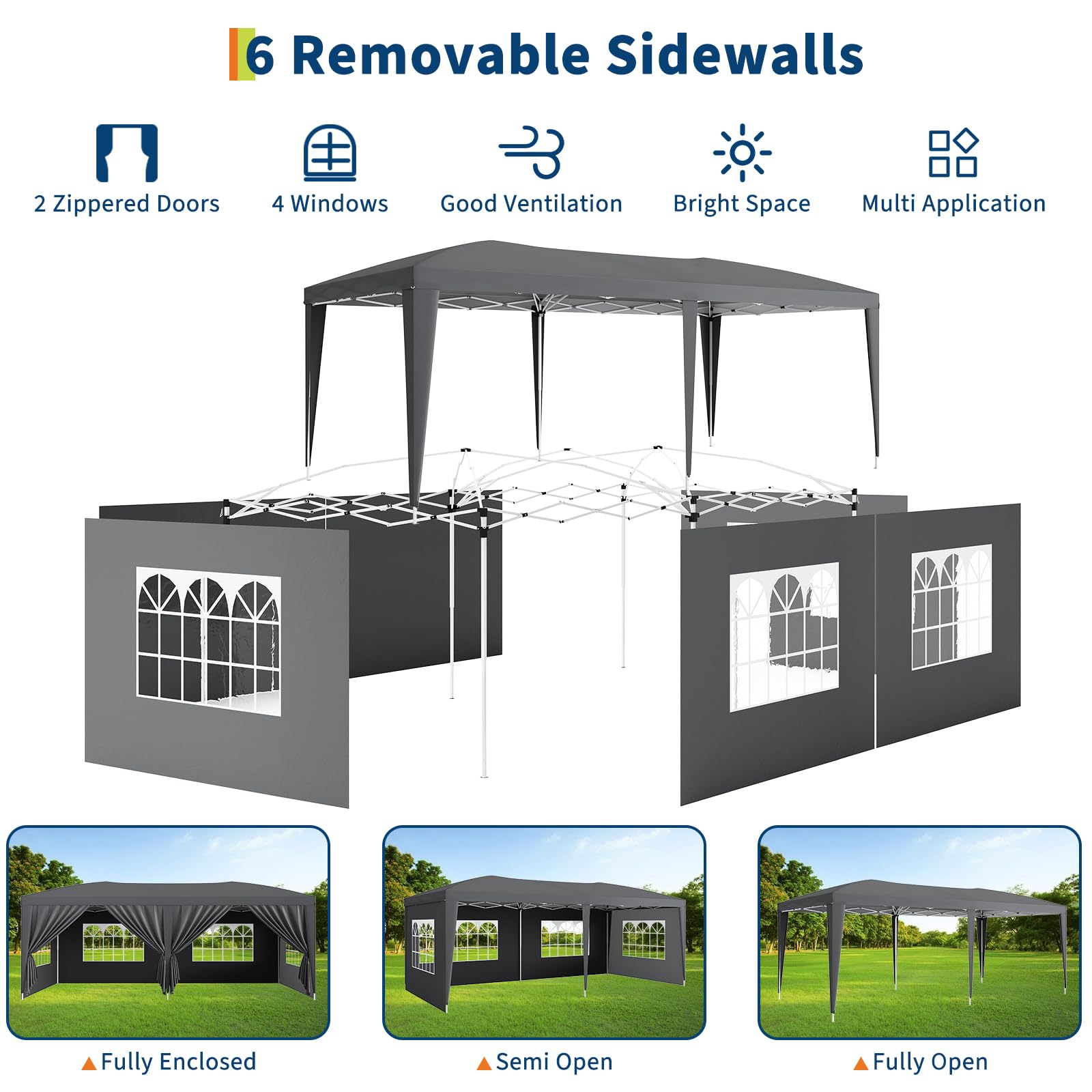 Garvee 10x20 Heavy Duty Pop Up Canopy Tent with 6 Removable Sidewalls, Adjustable 3 Heights, 210D Oxford Cloth, Waterproof, Stakes & Ropes, Outdoor Events