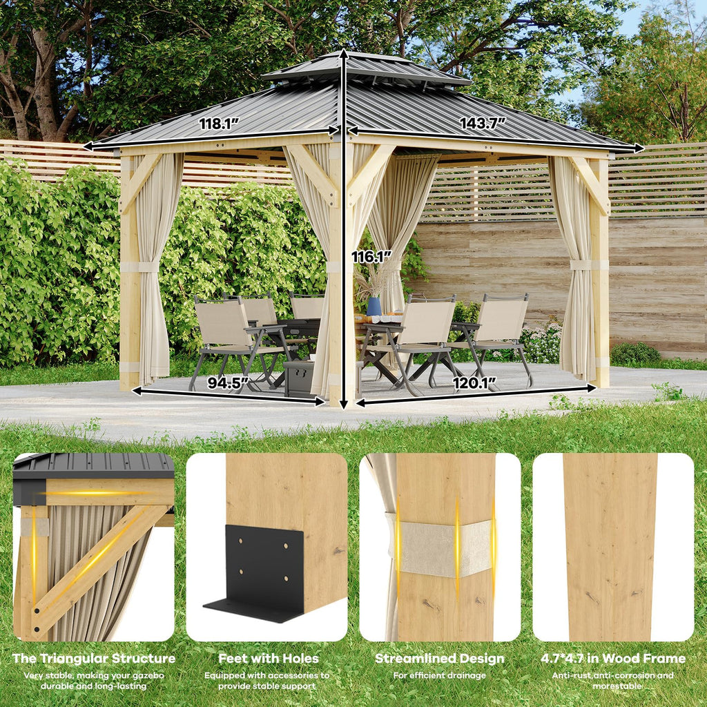 Garvee Wood Gazebo 10x12 Ft Double Galvanized Steel Roof Hardtop Wooden Frame with Nettings and Curtains for Backyard Patio Garden