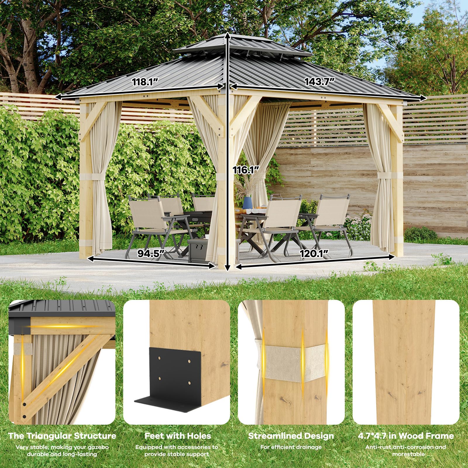 Garvee Wood Gazebo 10x12 Ft Double Galvanized Steel Roof Hardtop Wooden Frame with Nettings and Curtains for Backyard Patio Garden