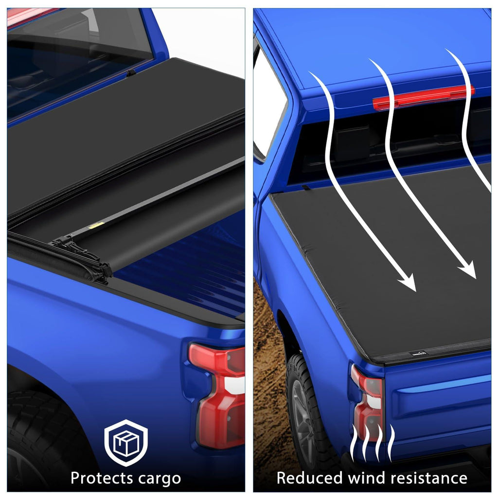 Garvee 6.6FT Weatherproof Soft Tri-Fold Truck Bed Tonneau Cover - Fits 2019-2025 Chevrolet Silverado/GMC Sierra 1500, All-Season Pickup Cargo Protection, Foldable Truck Bed Cover, Black