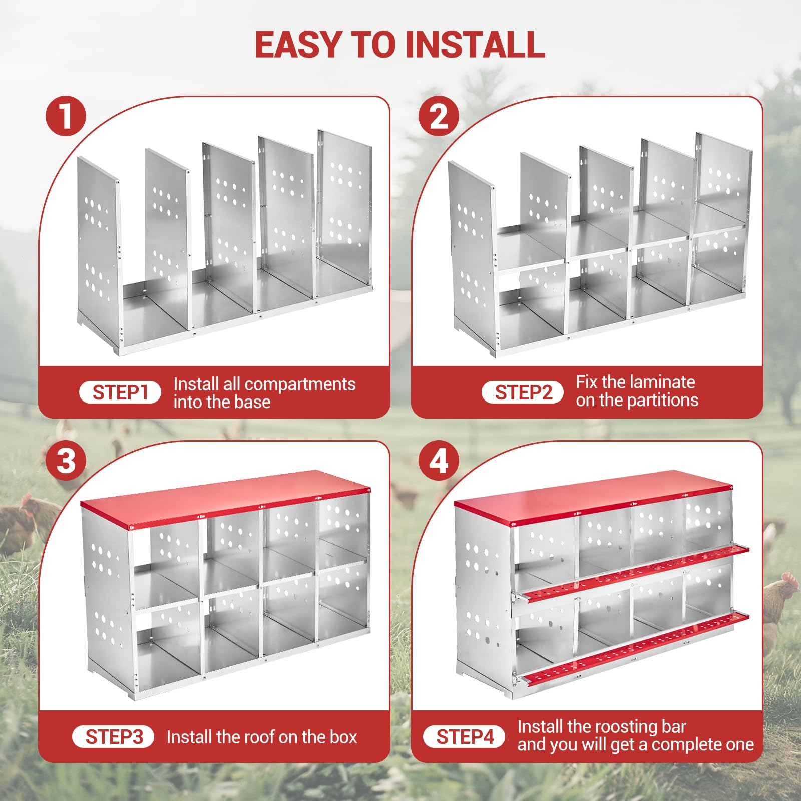 GARVEE Galvanized Steel Nesting Box - 6 Compartments w/Vented Holes, Swing Perch & Removable Dividers for Easy Coop Installation