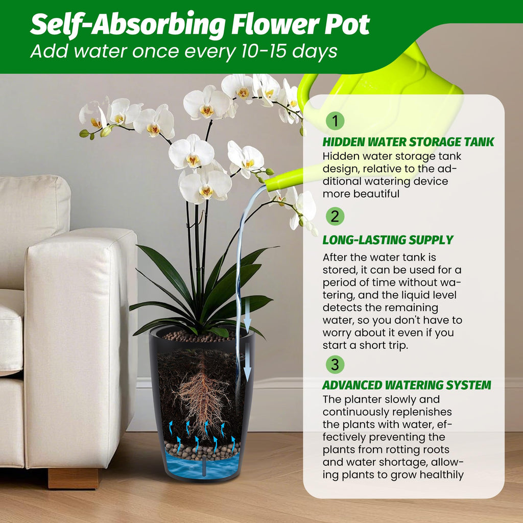 Garvee 16" Tall Planters Set of 2 Self-Watering Pots with Drainage Visual Water Level Durable Plastic Indoor Outdoor Patio