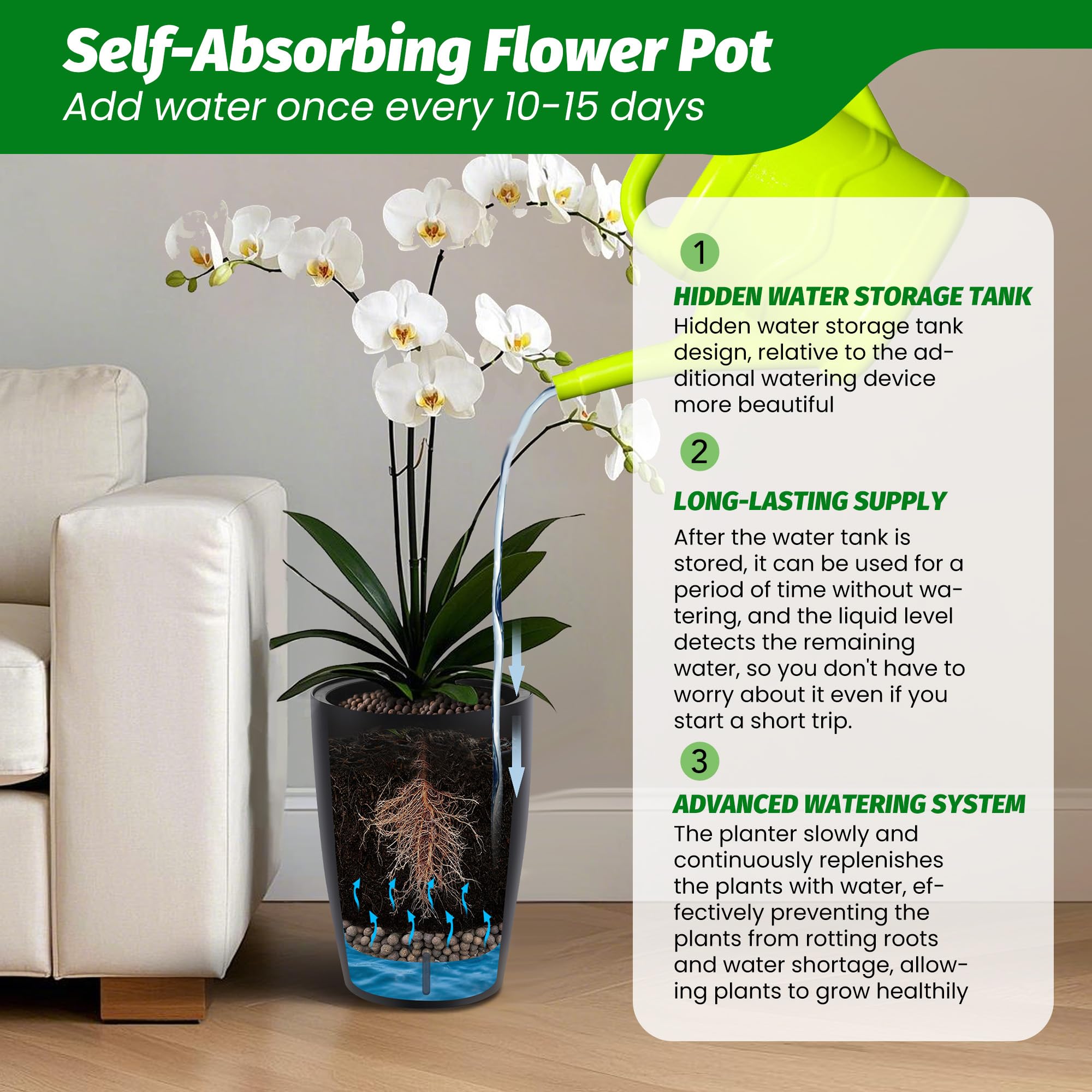 Garvee 16" Tall Planters Set of 2 Self-Watering Pots with Drainage Visual Water Level Durable Plastic Indoor Outdoor Patio