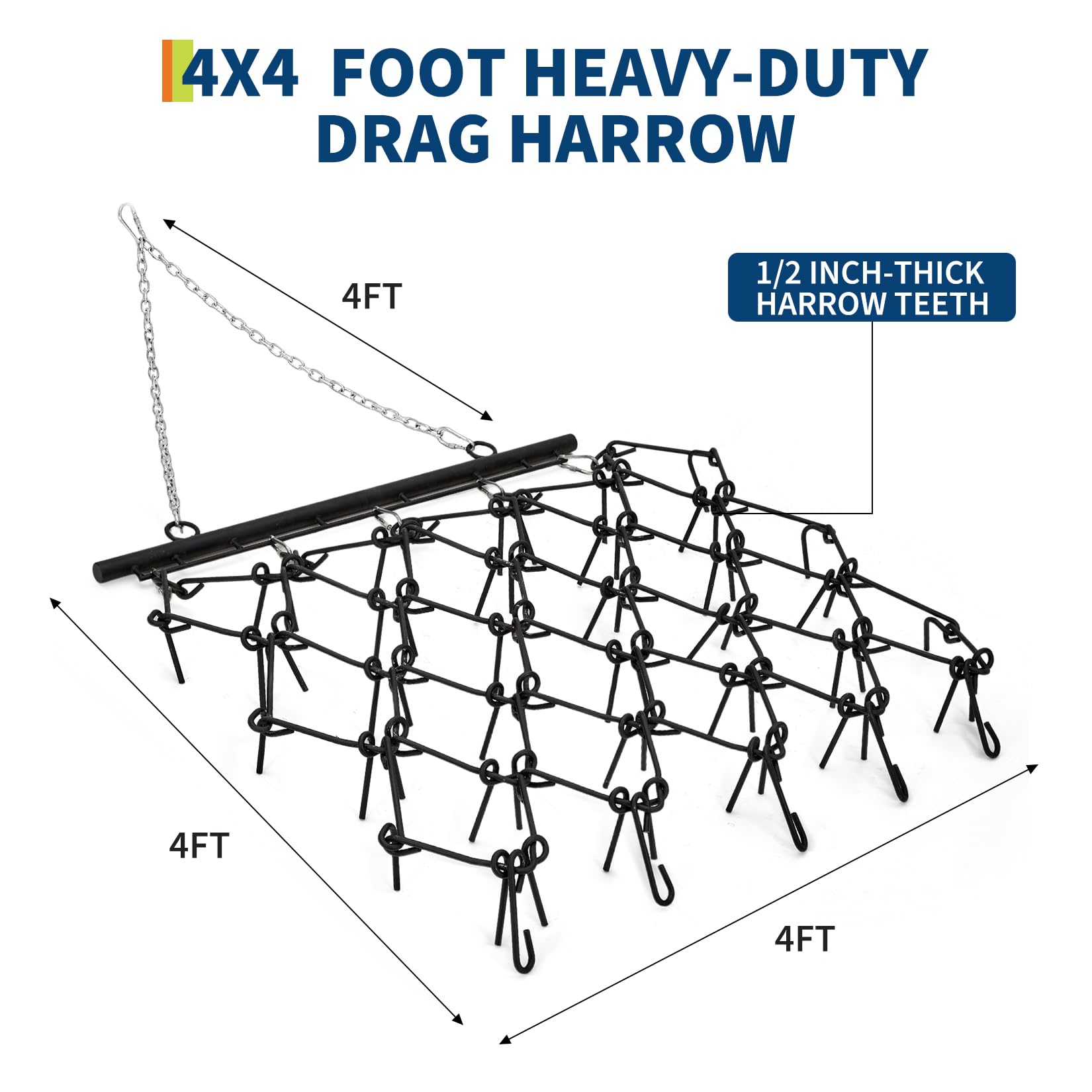 Garvee Drag Harrow 4x4 Ft Q235 Steel Mesh 0.5 Inch Thick Tines Adjustable Tow Bar Foldable Heavy Duty for Lawn Tractor ATV UTV Farm Garden