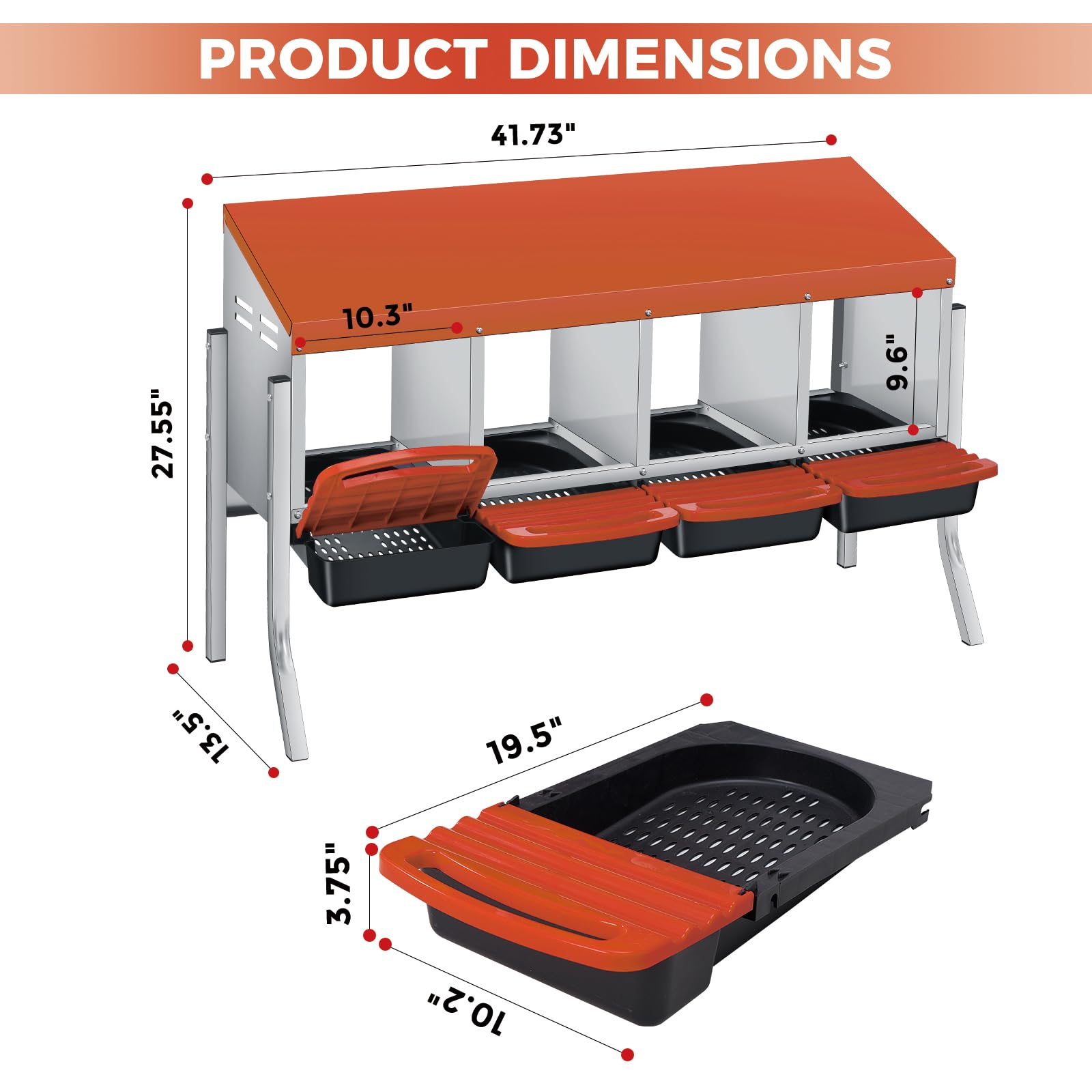 Garvee Heavy-Duty Metal Chicken Nesting Box for Easy Egg Collection - 4 Compartments with Removable Trays - Wall Mountable with Bracket Legs - Durable Poultry Coop Accessory, Orange Color, Four Grids + Bracket