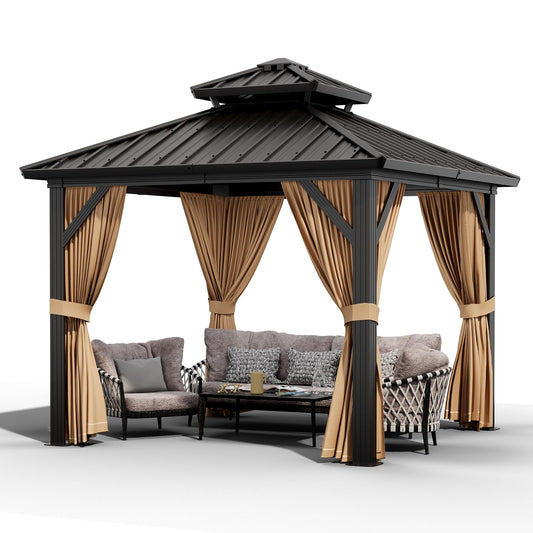 Garvee 10x10ft Hardtop Gazebo Outdoor Aluminum Frame Double Roof Waterproof Metal Roof Netting Curtains Backyard Patio Deck Poolside