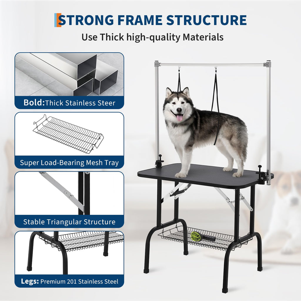 Garvee 46" Dog Grooming Table, Adjustable Height Pet Drying Desktop Foldable Pet Grooming Table Station with Arms, Noose, Mesh Tray 330LBS Capacity for Home and Pet Salon