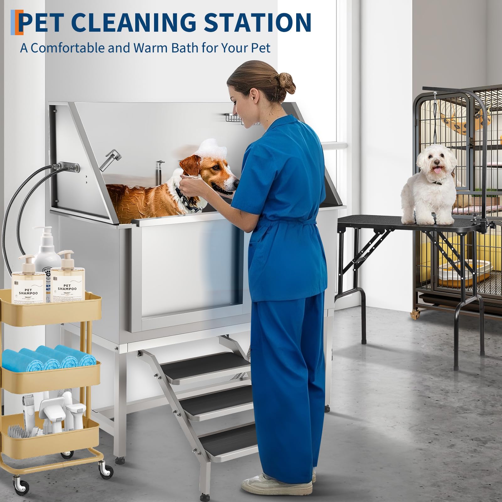 Garvee 50" Professional Stainless Steel Dog Washing Station with Ramp & Sliding Door, 304 Stainless Steel, Non-Slip Grate & Left Stairs, Grooming Salons & Home Use