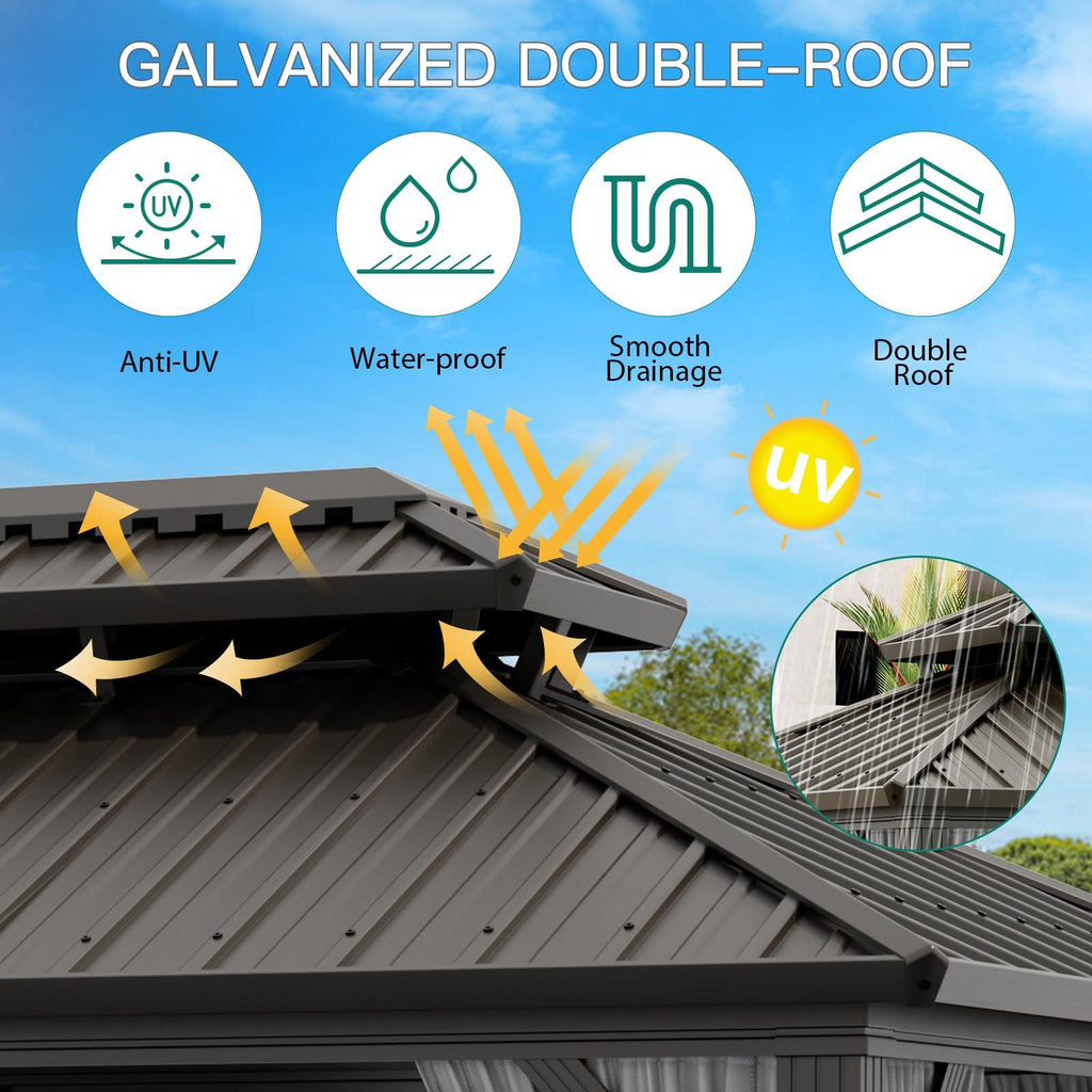 Garvee 10x12ft Hardtop Gazebo Outdoor Patio Pavilion Double Roof Aluminum Frame Waterproof Curtains Netting Backyard Deck Poolside