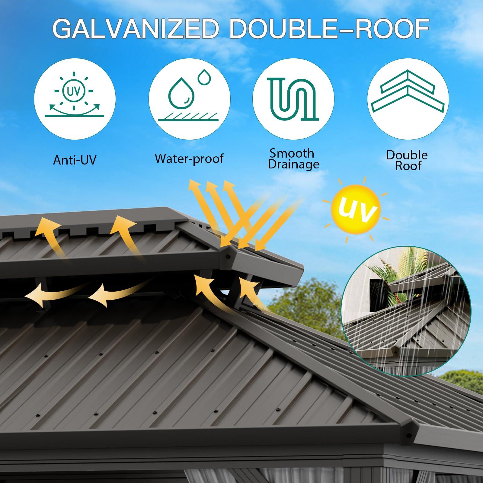 Garvee 10x12ft Hardtop Gazebo Outdoor Patio Pavilion Double Roof Aluminum Frame Waterproof Curtains Netting Backyard Deck Poolside