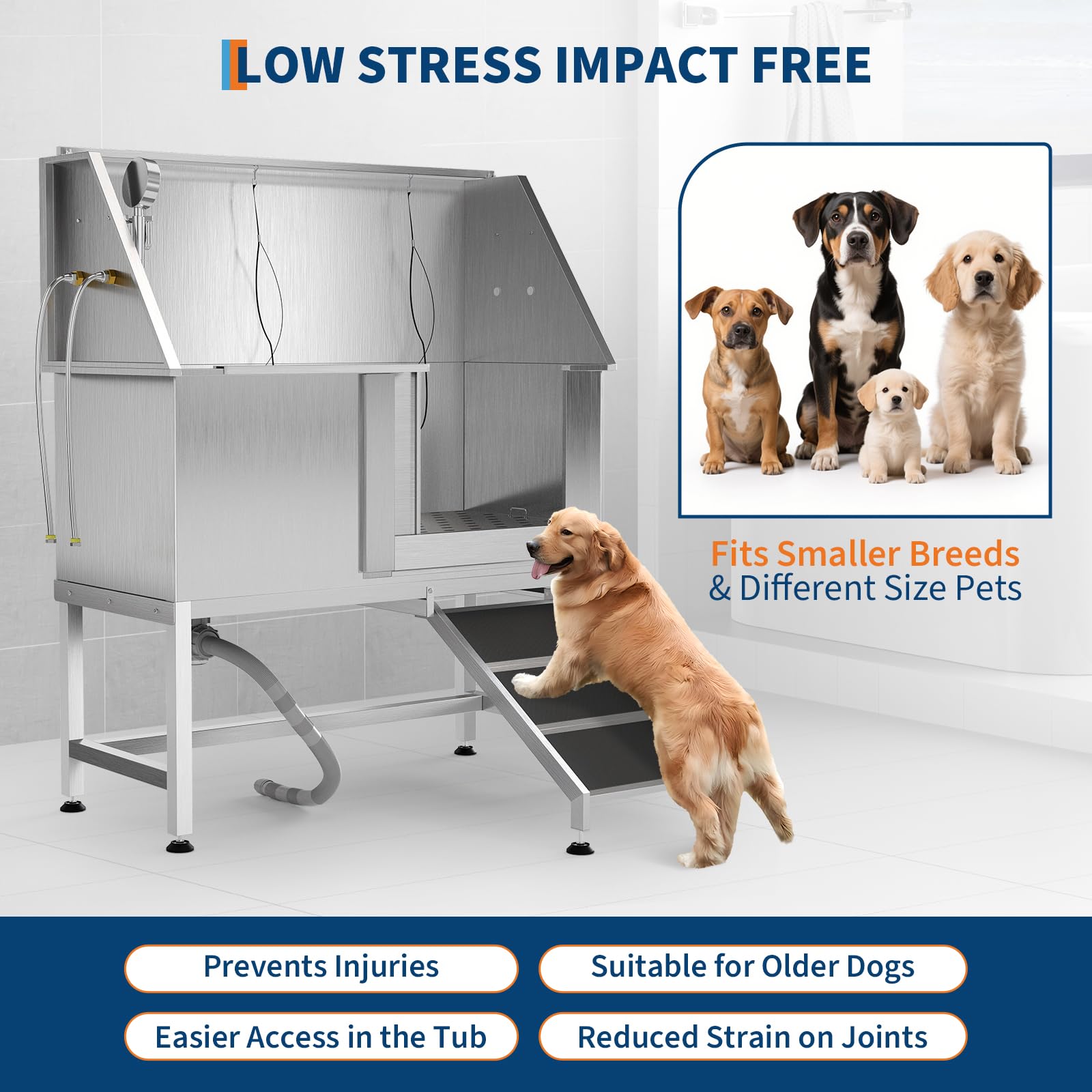 Garvee 50" Stainless Steel Dog Washing Station, Dog Bathtub with Non-Slip Stairs & Storage Shelf, Slip-Resistant Floor Grate, Adjustable Platform for Grooming Salon & Home Use, Leftdoor