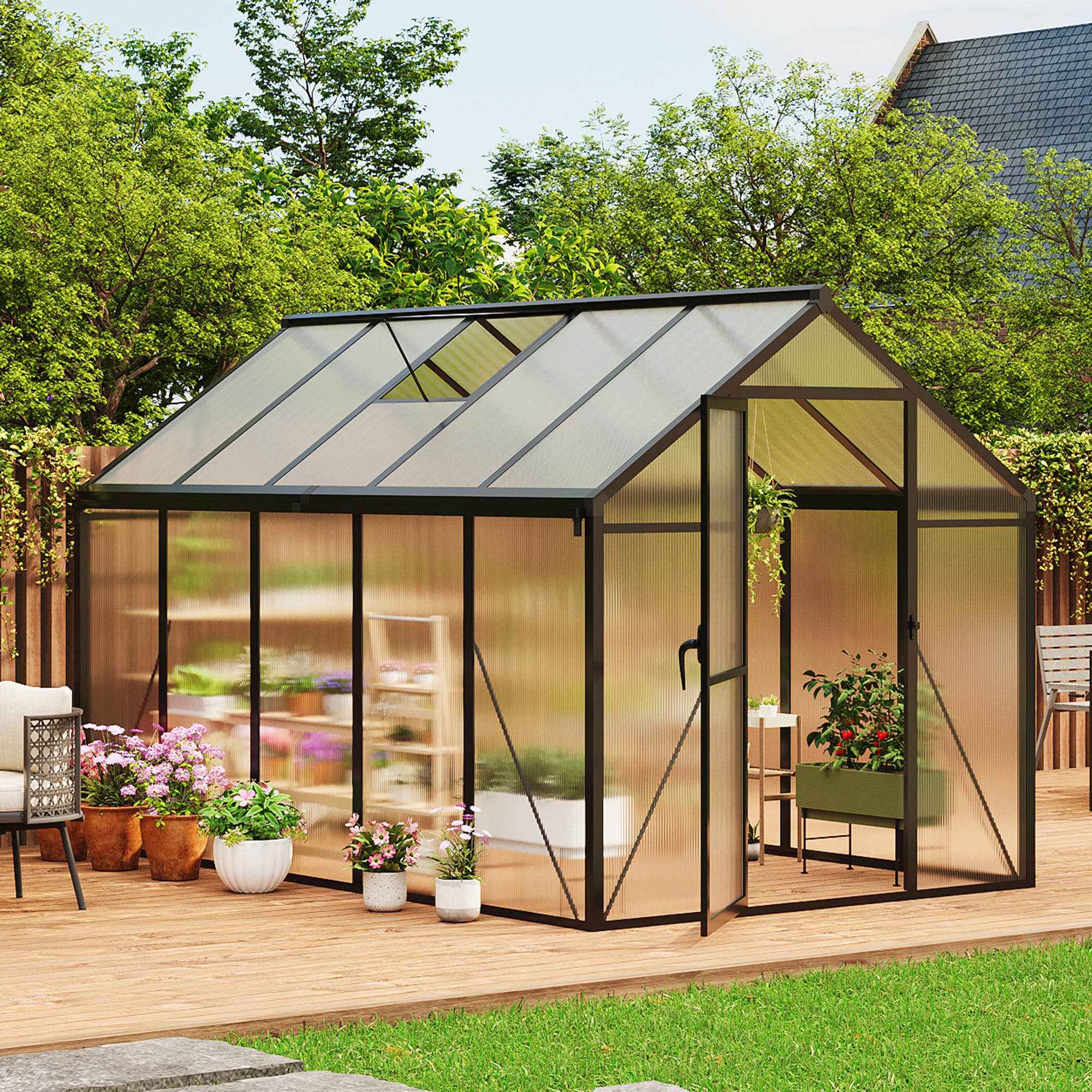 Garvee 6 × 10 ft Walk-In Greenhouse, Polycarbonate Greenhouse with Aluminum Frame, Roof Vent, Gutter System & Lockable Sliding Door for Backyard Garden