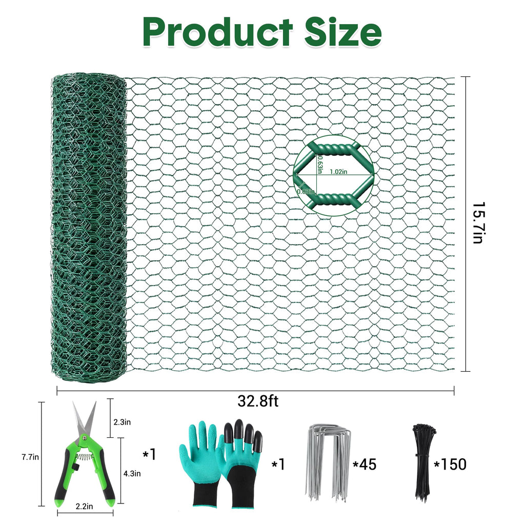 Garvee Garden Plant Protection Netting Kit Vinyl-Coated Wire Mesh Adjustable Reusable Cut-Resistant Gloves 150 Zip Ties 15 Stakes DIY Fence for Vegetables Flowers