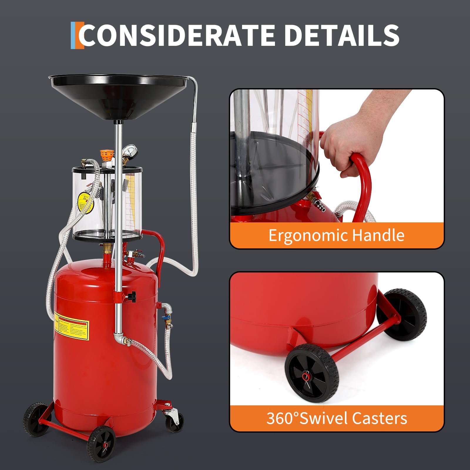 Garvee 20 Gallon Waste Oil Drain Tank, Air Operated Portable Oil Drainer with Adjustable Funnel & Measuring Cup, Heavy Duty Metal Construction, Wheels, for Automotive Workshops