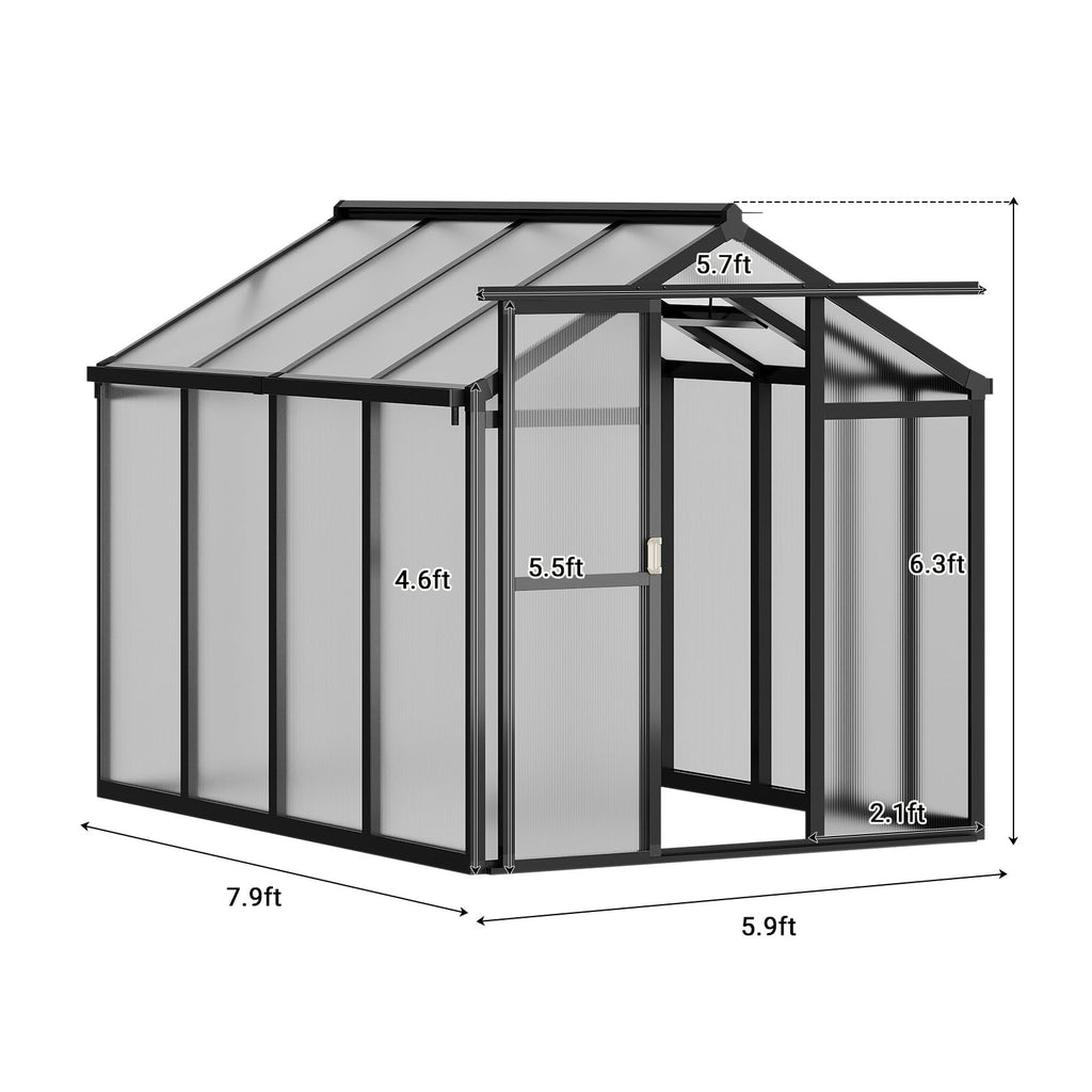 Garvee 6'x8' Polycarbonate Greenhouse with Aluminum Frame - Lockable Door & Adjustable Roof Vent for Backyard Garden, Patio, Outdoor Use, Black