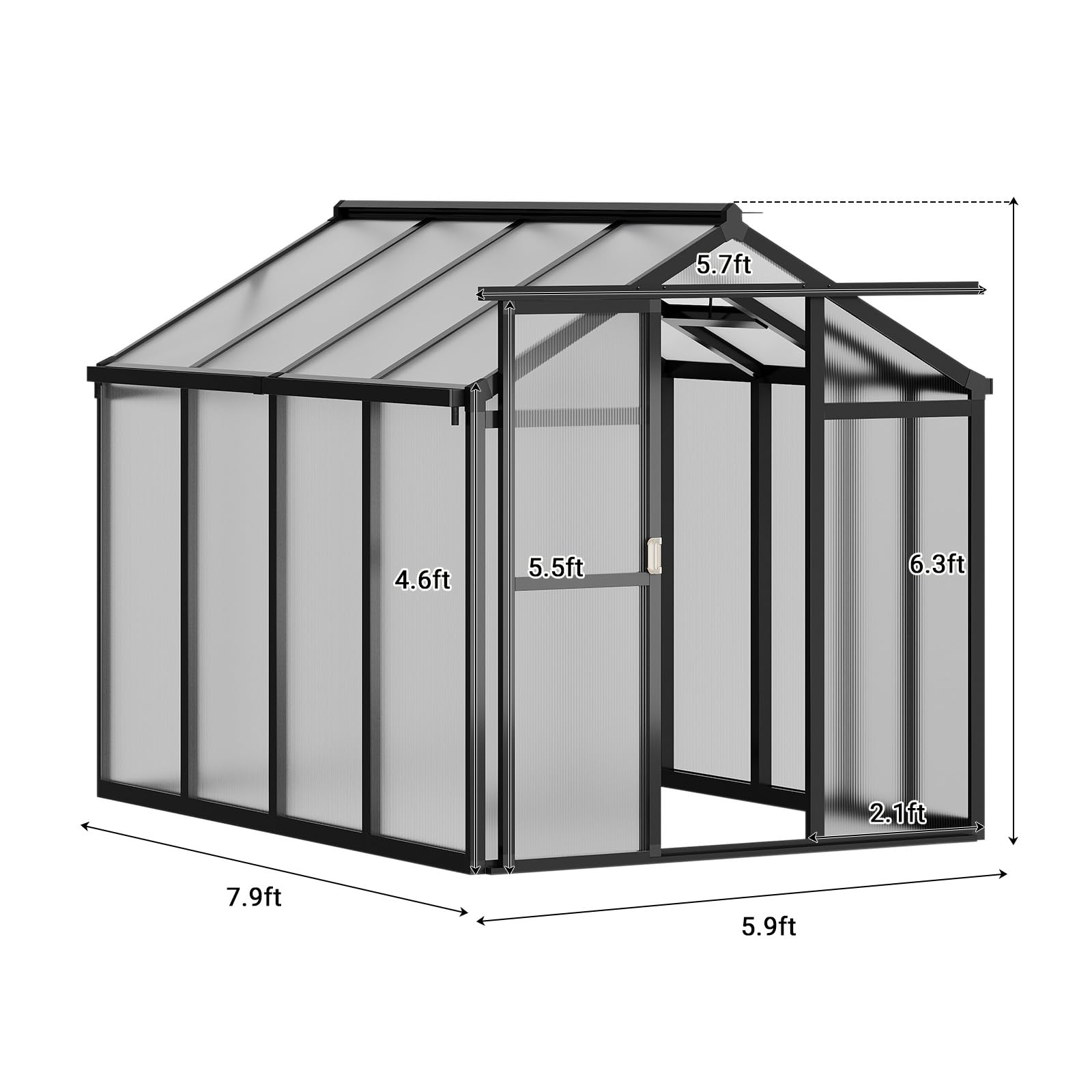 Garvee 6'x8' Polycarbonate Greenhouse with Aluminum Frame - Lockable Door & Adjustable Roof Vent for Backyard Garden, Patio, Outdoor Use, Black