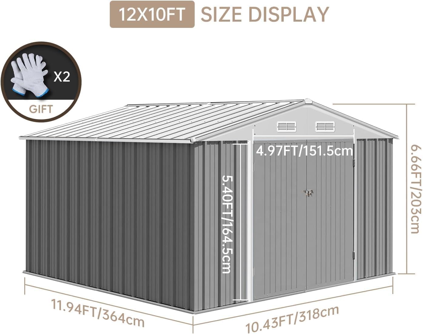 Garvee Large 12x10 FT Metal Outdoor Storage Outdoor Storage – Waterproof Steel Garden Outdoor Storage with Upgraded Frame – Double Lockable Doors, Weatherproof Storage for Patio, Backyard, Lawn & Tools – Color: System Default